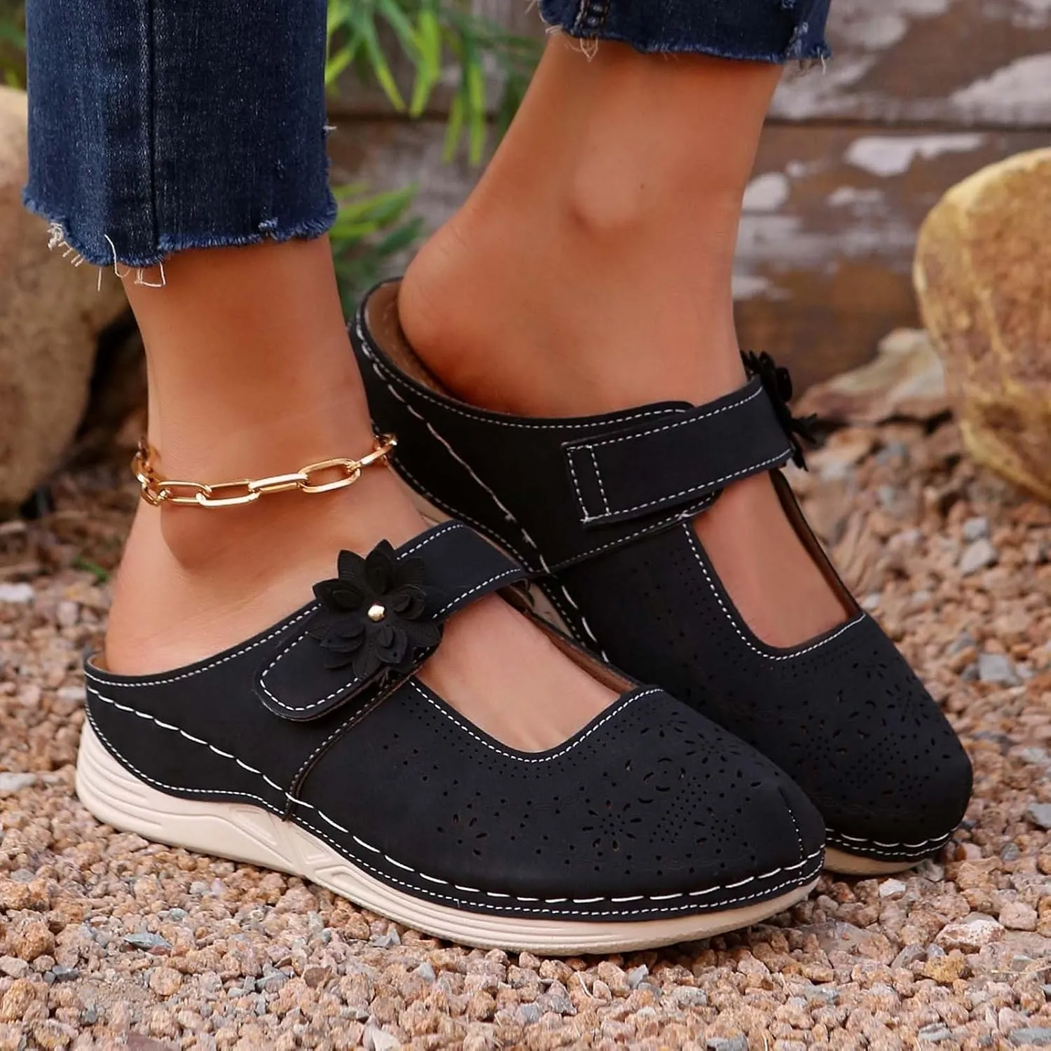 Women's Summer Comfortable Breathable Flat Sandals for Casual Wear with Hook Loop Closure and Soft Sole