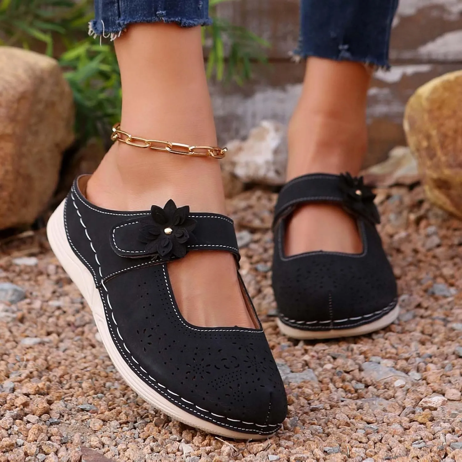 Women's Summer Comfortable Breathable Flat Sandals for Casual Wear with Hook Loop Closure and Soft Sole
