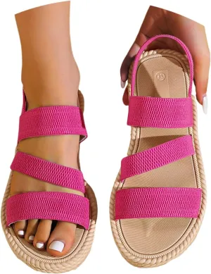 Women's Summer Flat Sandals Open Toe Slingback Comfortable Slip-On Sandals Non Slip Elastic Ankle Strap Walking Sandals Outdoor Sport Walking Casual Sandals