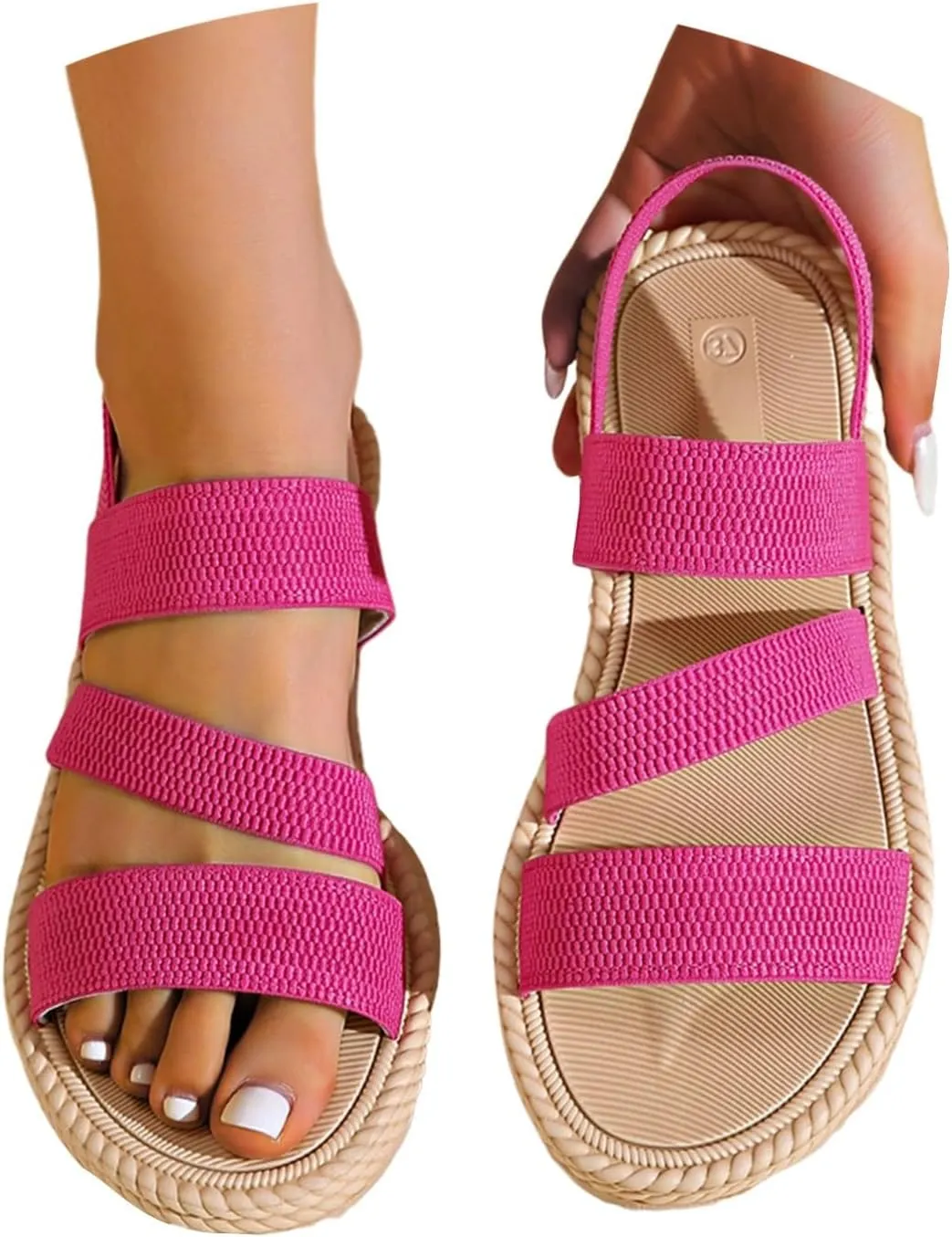 Women's Summer Flat Sandals Open Toe Slingback Comfortable Slip-On Sandals Non Slip Elastic Ankle Strap Walking Sandals Outdoor Sport Walking Casual Sandals