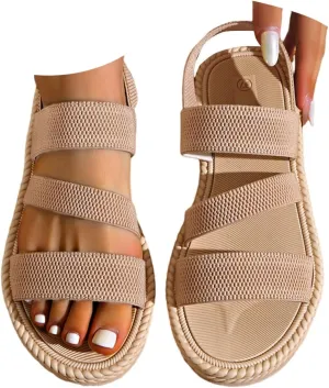 Women's Summer Flat Sandals Open Toe Slingback Comfortable Slip-On Sandals Non Slip Elastic Ankle Strap Walking Sandals Outdoor Sport Walking Casual Sandals