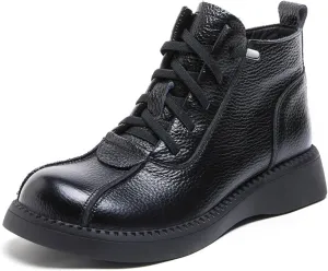 Women's Vintage Leather Lace Up Flat Ankle Booties with Side Zipper,Fashionable Round Toe Non-slip Wear-Resistant Combat Boots Casual Soft Sole Ankle Boots.