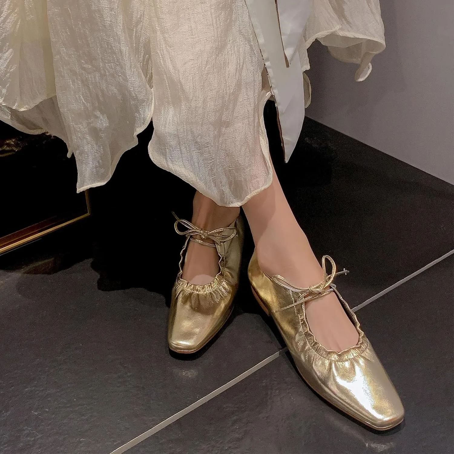 Wrinkled Leather Mary Jane Flats for Women,Pointed Toe Lace up Shallow Mouth Ballet Shoes,Metallic Fashion Retro Comfortable Party Work Daily Dress Mary Jane Ballerina Shoes