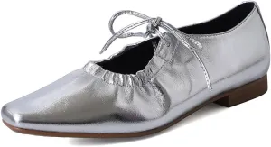 Wrinkled Leather Mary Jane Flats for Women,Pointed Toe Lace up Shallow Mouth Ballet Shoes,Metallic Fashion Retro Comfortable Party Work Daily Dress Mary Jane Ballerina Shoes