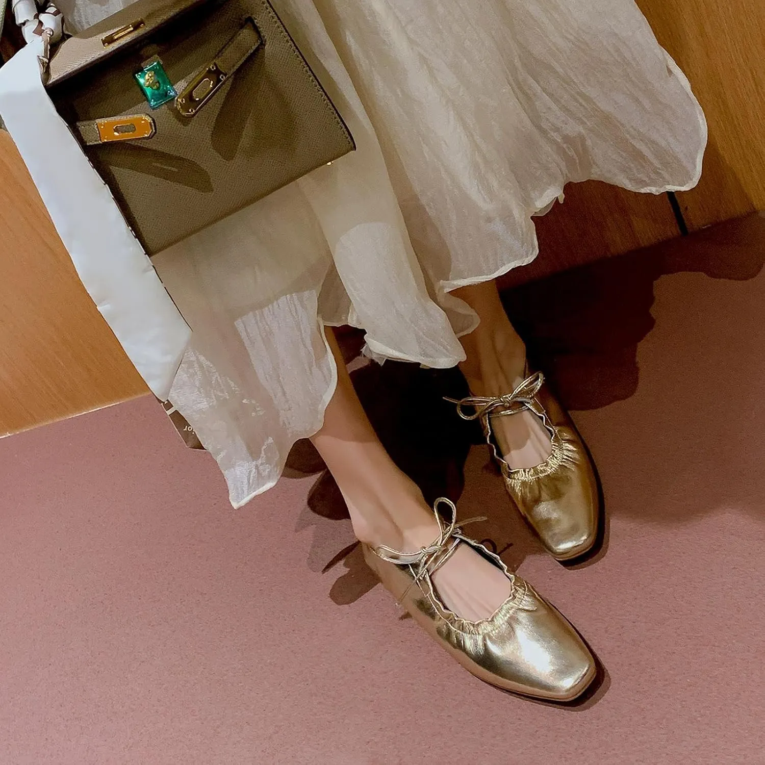 Wrinkled Leather Mary Jane Flats for Women,Pointed Toe Lace up Shallow Mouth Ballet Shoes,Metallic Fashion Retro Comfortable Party Work Daily Dress Mary Jane Ballerina Shoes
