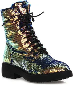 YIYA Women's Lace Up Glitter Sequin Combat Boots Round Toe Chunky Low Heel Side Zipper Sparkly Ankle Booties