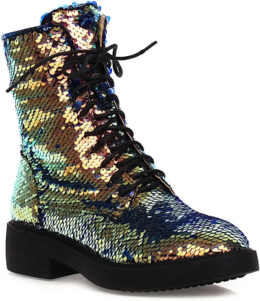 YIYA Women's Lace Up Glitter Sequin Combat Boots Round Toe Chunky Low Heel Side Zipper Sparkly Ankle Booties