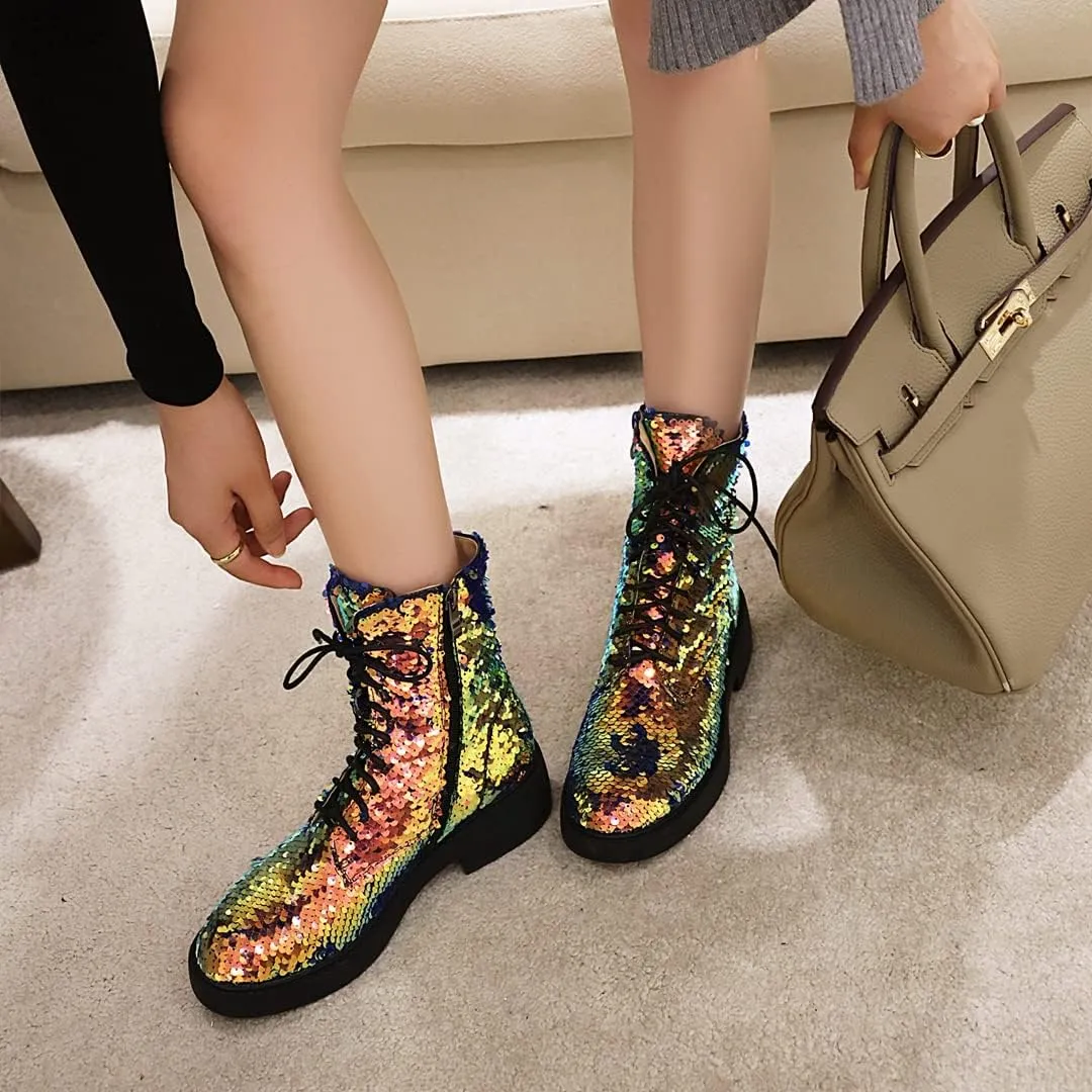 YIYA Women's Lace Up Glitter Sequin Combat Boots Round Toe Chunky Low Heel Side Zipper Sparkly Ankle Booties