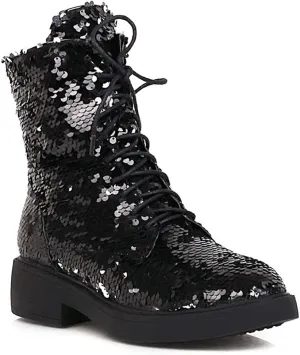 YIYA Women's Lace Up Glitter Sequin Combat Boots Round Toe Chunky Low Heel Side Zipper Sparkly Ankle Booties