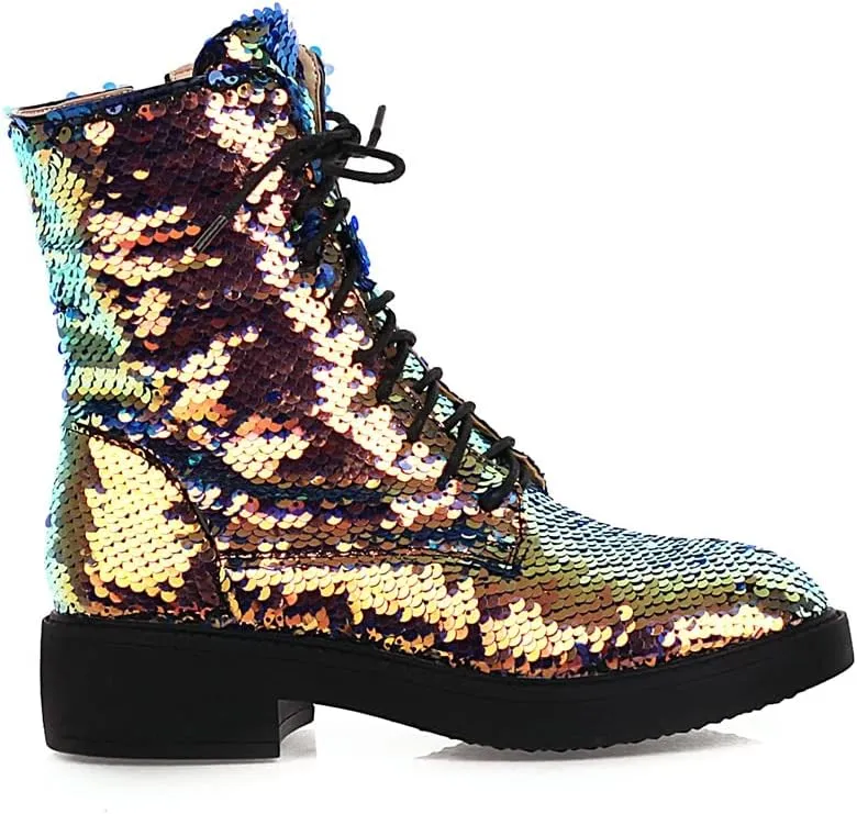 YIYA Women's Lace Up Glitter Sequin Combat Boots Round Toe Chunky Low Heel Side Zipper Sparkly Ankle Booties