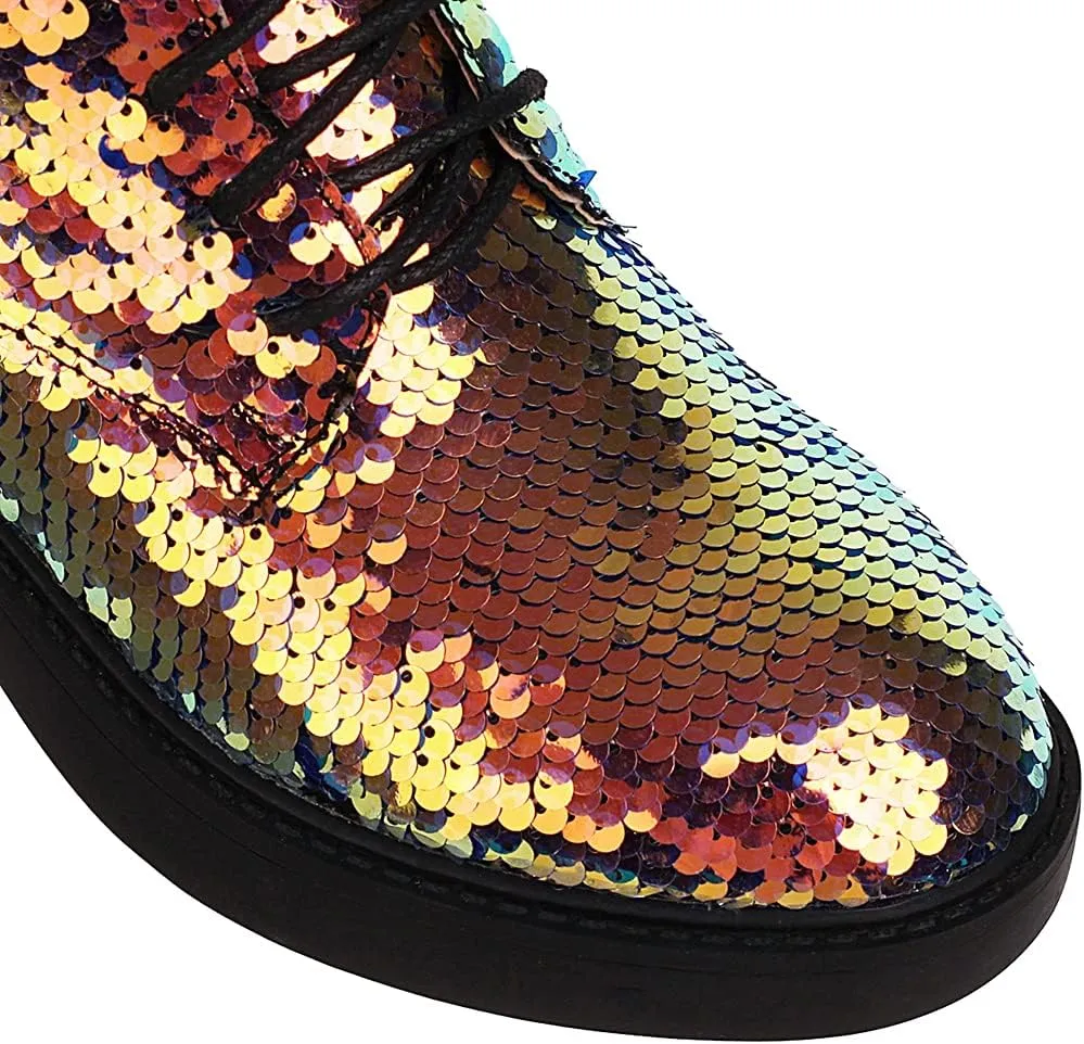 YIYA Women's Lace Up Glitter Sequin Combat Boots Round Toe Chunky Low Heel Side Zipper Sparkly Ankle Booties