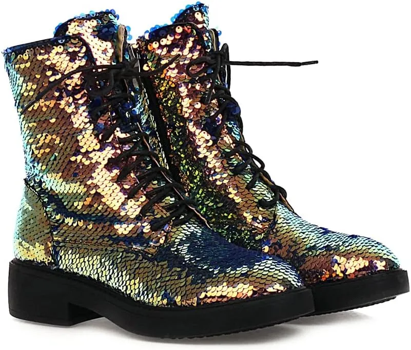 YIYA Women's Lace Up Glitter Sequin Combat Boots Round Toe Chunky Low Heel Side Zipper Sparkly Ankle Booties