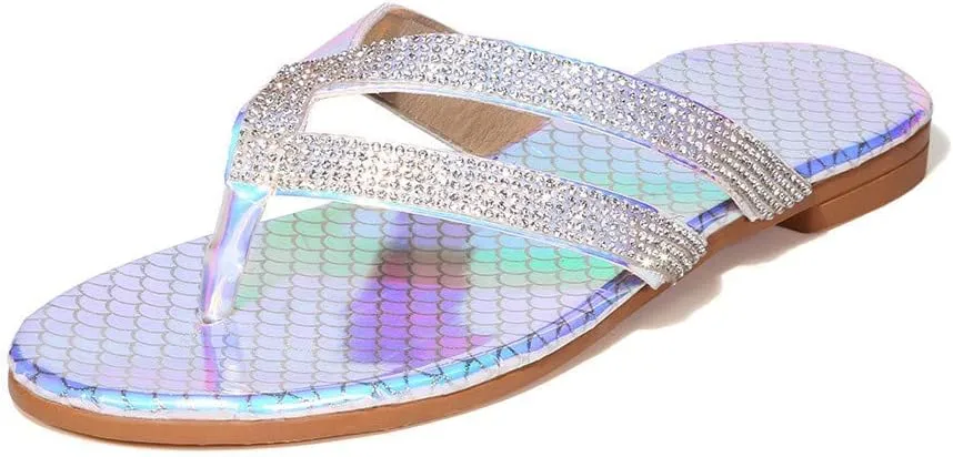 ZBYY Womens Flat Sandals 2021 Comfy Rhinestone Beach Travel Slipper Flip Flops Sandals Dressy Thong Sandals for Summer